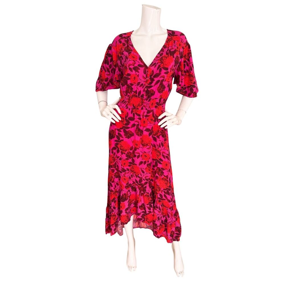 Abel the Label Dress Pink Red Floral Print Flutter Sleeve Hi Low Midi Boho Small